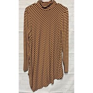Chico's Asymmetrical Tunic Top mock Neck Long Sleeves Stripes Brown &Tan 2 Large